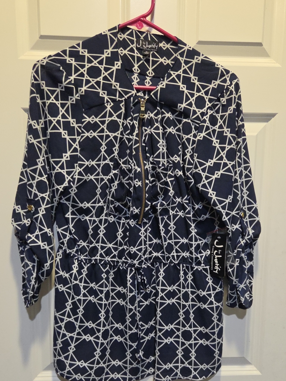 J for Justify Navy and White Geometric Zip-Front Blazer Jacket
